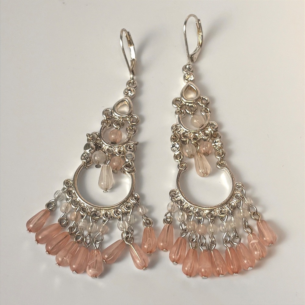Vintage Chandelier Earrings Peach Silver Boho Statement Dangle Whimsygoth